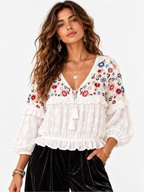 Mahila Women’s White Embroidered Boho Peasant Blouse Size S NWT